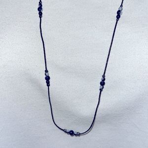 Vtg Korea silver chain long necklace with navy blue & white small glass beads